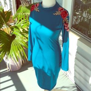 Blue Bodycon Dress Long Sleeve Rose Appliqué M